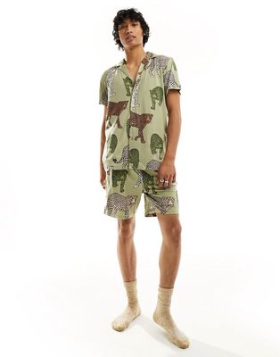 Chelsea Peers His & Hers oversized short sleeve shirt and shorts pajama set with leopard print khaki-Green
