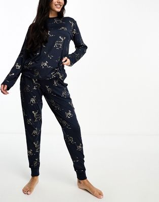 Chelsea Peers jersey crew neck top and pants pajama set with gold foil reindeer print in navy
