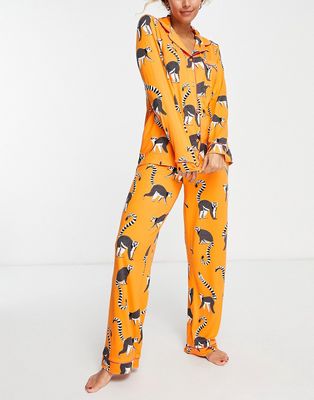 Chelsea Peers jersey lemur print button top and bottom pajama set in orange