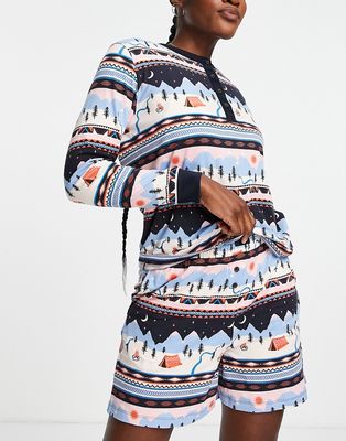 Chelsea Peers jersey top and boyfriend shorts pajama set in landscape Fairisle print - MULTI