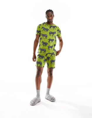 Chelsea Peers jersey zebra print t-shirt and short pajama set in khaki-Green
