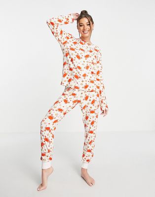 Chelsea Peers long pajama set in cream crab print-Orange