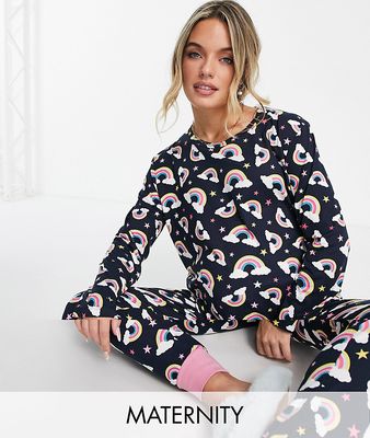 Chelsea Peers Maternity long pajama set in rainbow print-Multi