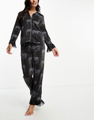 Chelsea Peers metallic rib zebra print button top and pants pajama set in black