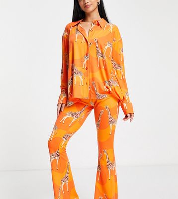 Chelsea Peers Petite long pajama set in orange giraffe print