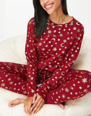 Chelsea Peers Petite poly long sleeve top and jogger pyjama set in wine and gold foil celestial print - BURGUNDY-Red