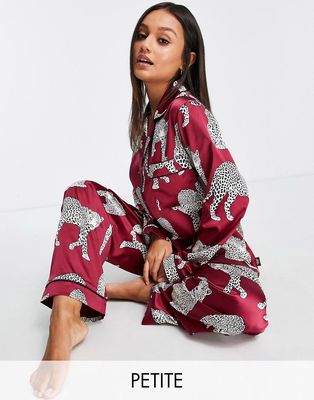 Chelsea Peers Petite premium satin revere top and bottom pajama set in wine leopard print-Red