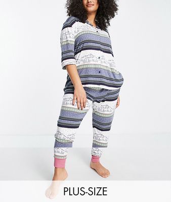 Chelsea Peers Plus button through pajama set in mountain fairisle print-Multi