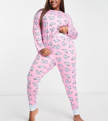 Chelsea Peers Plus long sleeve and cuff pants pajama set in light pink and blue seal print