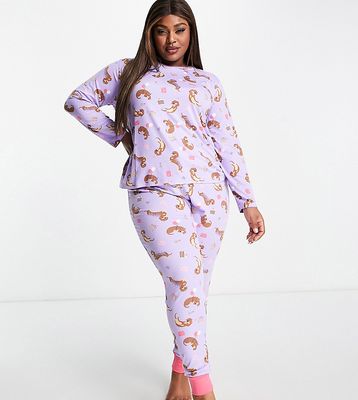 Chelsea Peers Plus long sleeve and cuff pants pajama set in lilac and pink dachshund birthday print-Purple