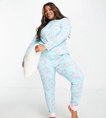 Chelsea Peers Plus long sleeve top and cuffed pants pajama set in turquoise and pink unicorn print-Blue