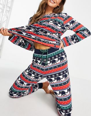 Chelsea Peers poly long sleeve top and jogger pyjama set in elephant fairisle print - MULTI