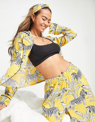 Chelsea Peers premium satin double breasted camp collar top and wide leg pants pajama set with headband in yellow zebra print