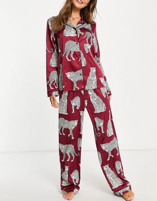 Chelsea Peers premium satin revere top and bottom pajama set in wine leopard print-Red