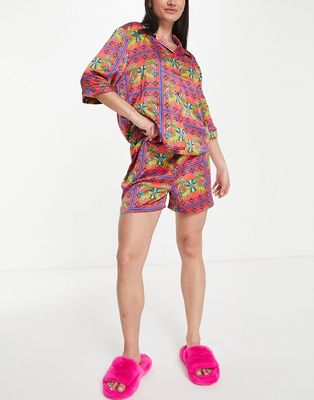 Chelsea Peers premium satin revere top and short pajama set in multi leopard scarf print