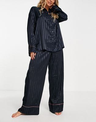 Chelsea Peers premium stripe satin oversized button front top and wide leg pants pajama set in navy