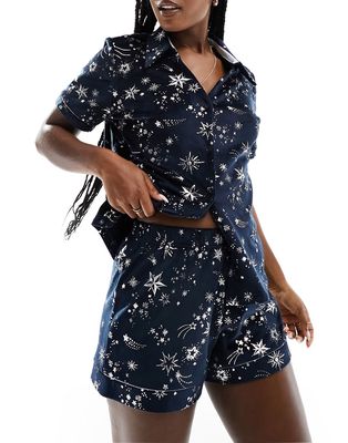 Chelsea Peers premium velvet camp collar top and short pajama set with shooting star silver foil print in navy