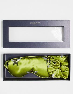 Chelsea Peers satin bee print eyemask and scrunchie in olive with giftbox-Green