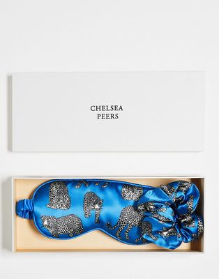 Chelsea Peers satin leopard print eyemask and scrunchie set in cobalt blue