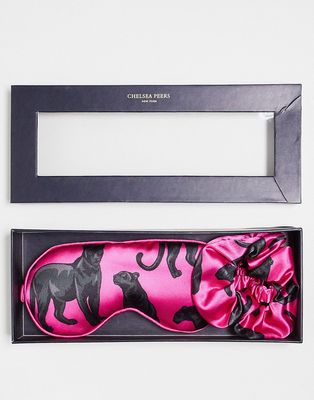 Chelsea Peers satin panther print eyemask and scrunchie in pink with giftbox