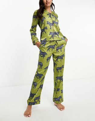 Chelsea Peers satin zebra print button top and pants pajama set in khaki-Green