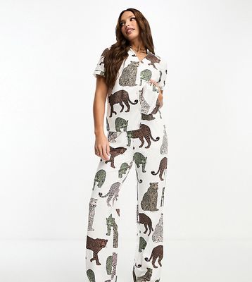 Chelsea Peers Tall cotton tonal leopard print button short sleeve top and pants pajama set in off white