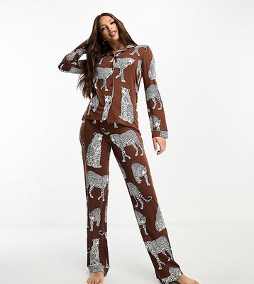 Chelsea Peers Tall Exclusive leopard print jersey button top and pants pajama set in brown