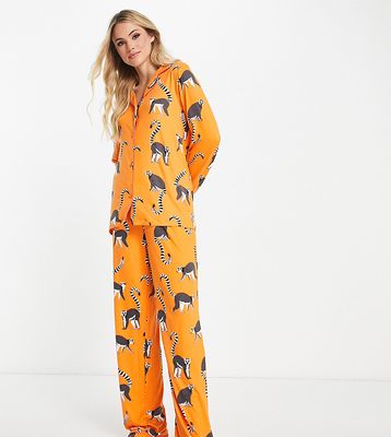 Chelsea Peers Tall jersey lemur print button top and bottoms pajama set in orange