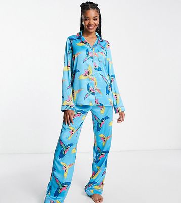 Chelsea Peers Tall premium satin camp collar top and pants pajama set in blue parrot print
