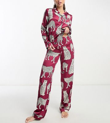 Chelsea Peers Tall premium satin revere top and pants pajama set in wine leopard print-Red