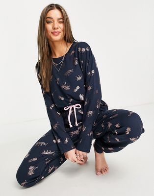 Chelsea Peers tropical foil long pajama set in navy and pink-Gold