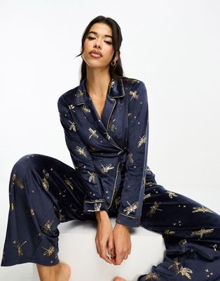 Chelsea Peers velour tie up top and pants pajama set in navy print