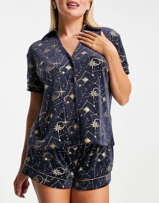 Chelsea Peers velvet camp collar top and short pajama set with gold foil print in navy