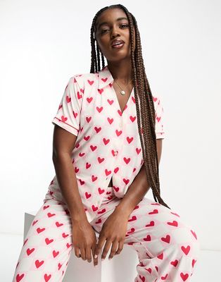 Chelsea Peers wide leg pajama set in red checkerboard heart print
