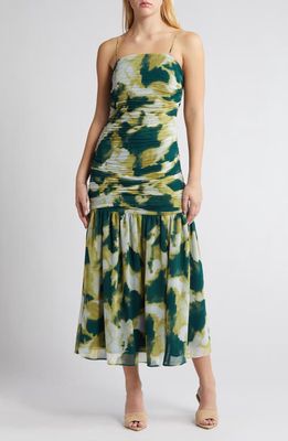 Chelsea28 Abstract Print Ruched Dress in Green - Blue Mineral Diffuse