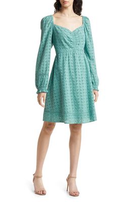 Chelsea28 Cinched Front Eyelet Long Sleeve A-Line Dress in Green Seaglass