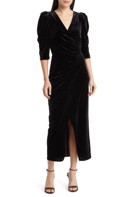 Chelsea28 Faux Wrap Velvet Midi Dress in Black