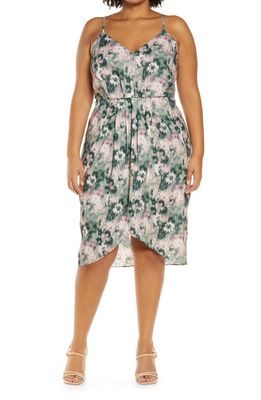 Chelsea28 Floral Faux Wrap Dress in Green- Pink Daisy
