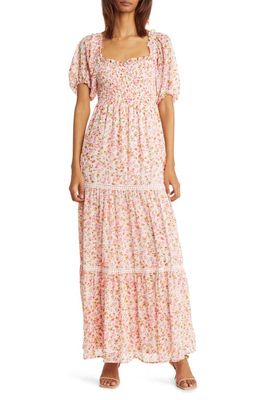 Chelsea28 Floral Short Sleeve Smocked Dress in Pink Floral