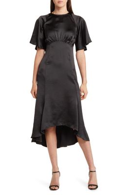 Chelsea28 Flutter Sleeve High-Low Satin Midi Dress in Black