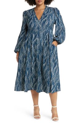 Chelsea28 Pleat Puff Shoulder Long Sleeve Dress in Blue- Ivory Celeste Stripe