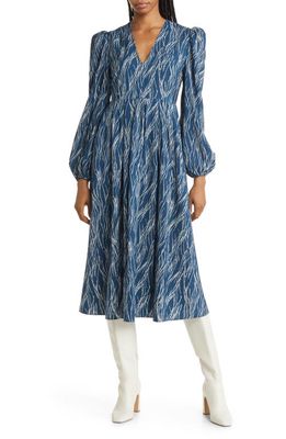 Chelsea28 Pleated Puff Shoulder Long Sleeve Midi Dress in Blue- Ivory Celeste Stripe
