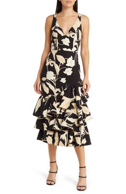 Chelsea28 Print Tiered Ruffle Sleeveless Midi Dress in Black- Beige Cosmos Floral
