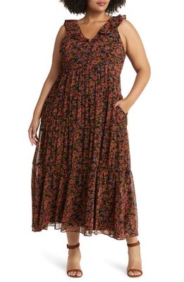 Chelsea28 Ruffle Neck Sleeveless Chiffon Dress in Rust- Black Raya Floral