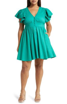 Chelsea28 Ruffle Sleeve Button-Up Linen Blend Dress in Green Enamel