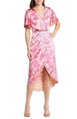 Chelsea28 Satin Faux Wrap Midi Dress in Pink- Beige Sliced Floral