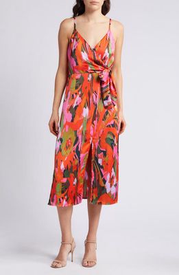 Chelsea28 Side Tie Satin Dress in Red Multi Canvased Blooms