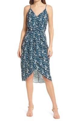 Chelsea28 Sleeveless Faux Wrap Dress in Teal Abstract Peonies