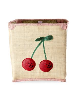 Cherries Embroidered Raffia Basket