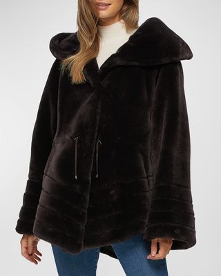 Chevron-Hem Shearling Lamb Hooded Reversible Jacket